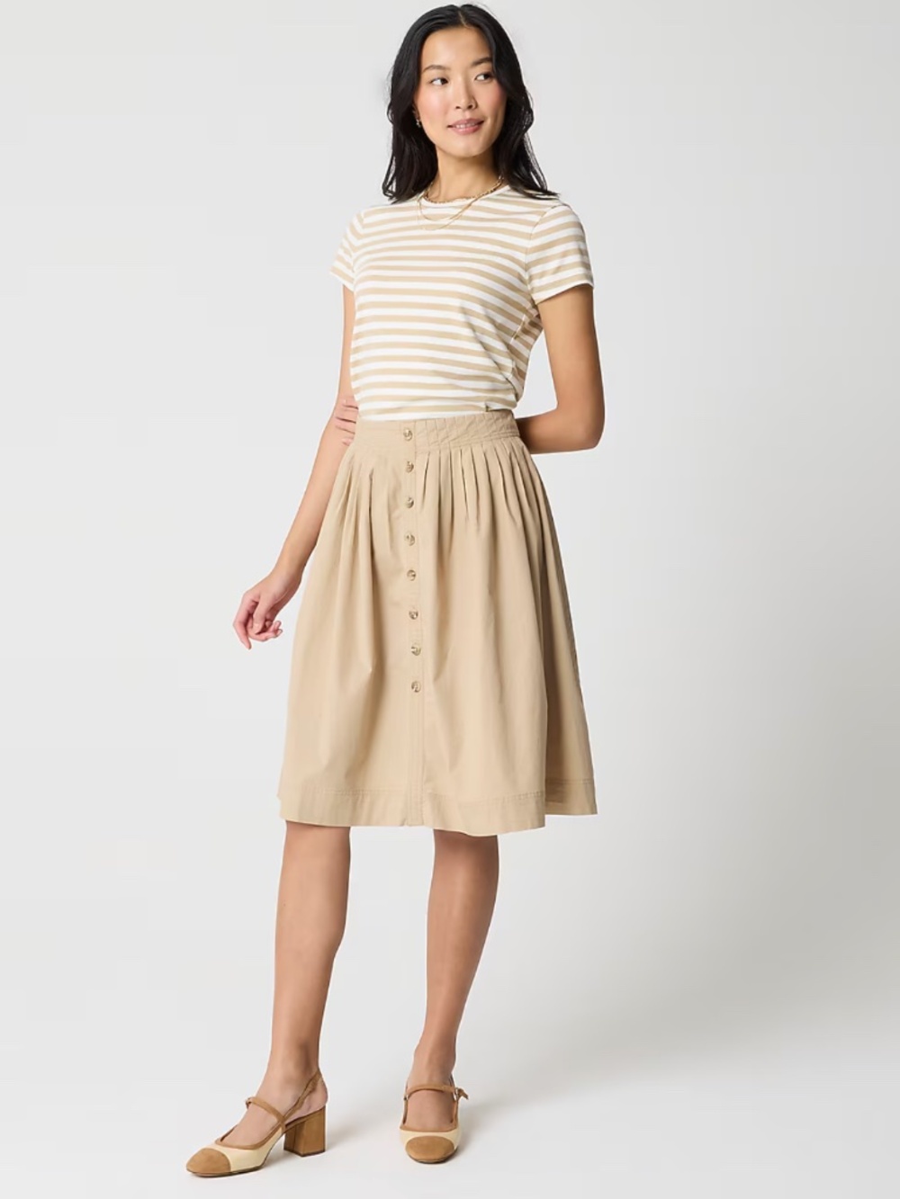 Pleated Button-Front Midi Skirt
